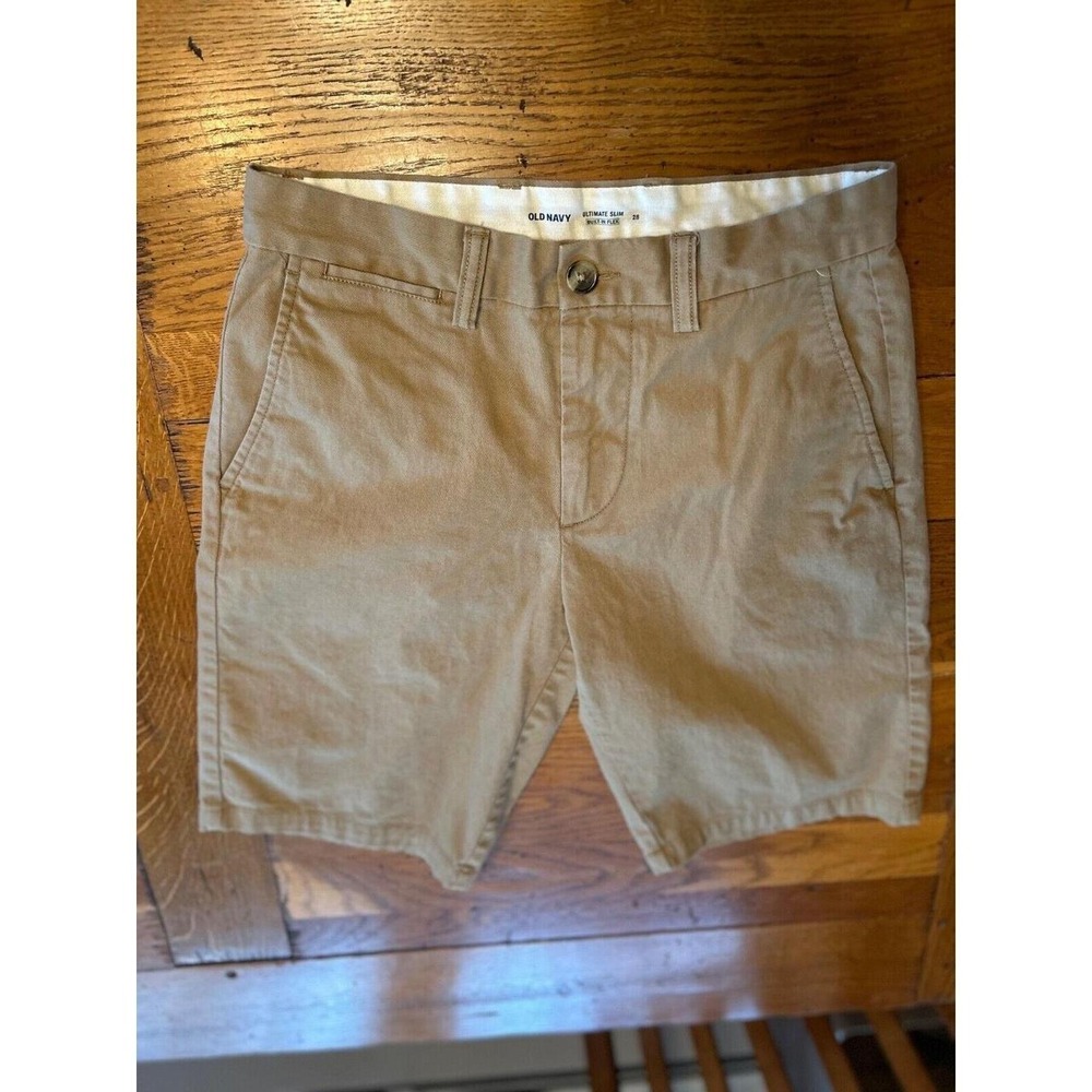 Old Navy Mens Ultimate Slim Built-In Flex Flat Front Khaki Shorts Beige 28